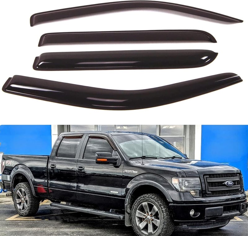 TONOYTIM Side Window Visors Wind Deflectors Vent Guard Shade for F150 SuperCrew/Crew Cab Sun Rain Guards 2009-2014,Tape On Smoke Out-Channel Vent Deflector,Weatherproof Side Window Deflector,4PC-Set 94155 - Image 2